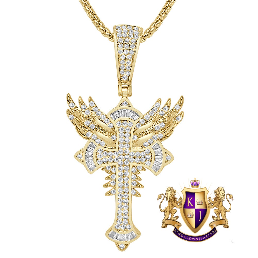 14k Gold Over Men's Ladies Baguette Simulated Diamond Holy Jesus Crist Cross Angel Wings Charm Pendent Chain Set 2.25''