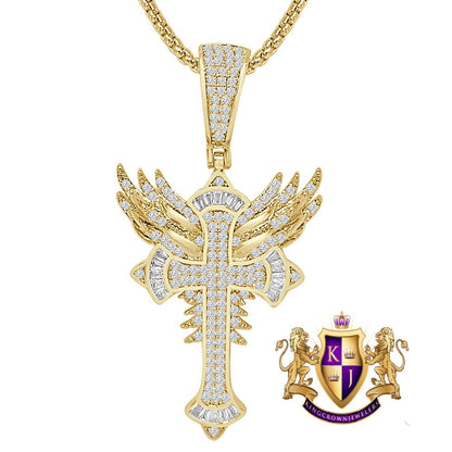 14k Gold Over Men's Ladies Baguette Simulated Diamond Holy Jesus Crist Cross Angel Wings Charm Pendent Chain Set 2.25''