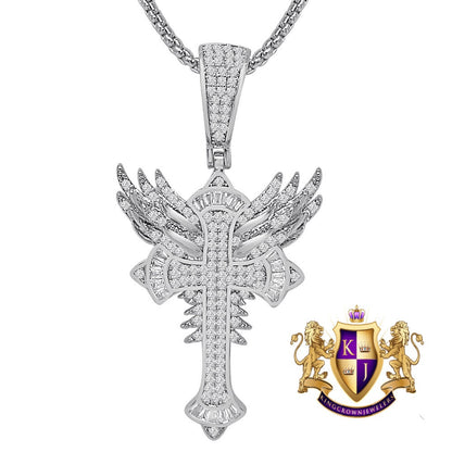 14k Gold Over Men's Ladies Baguette Simulated Diamond Holy Jesus Crist Cross Angel Wings Charm Pendent Chain Set 2.25''