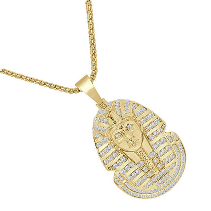 24 + Grams 14K Gold Over Simulated Diamond Egyptian King Tut Pharaoh Mummy Unisex Charm Pendent Chain Set 2''