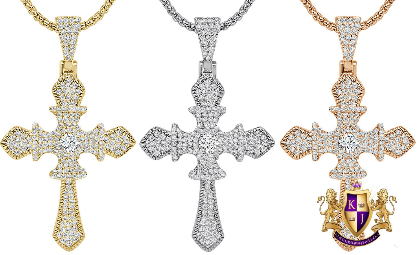 Unisex 14k Gold Over Simulated Diamond Jesus Crist Cross Designer Charm Religious Pendent Chain Set 2.25''