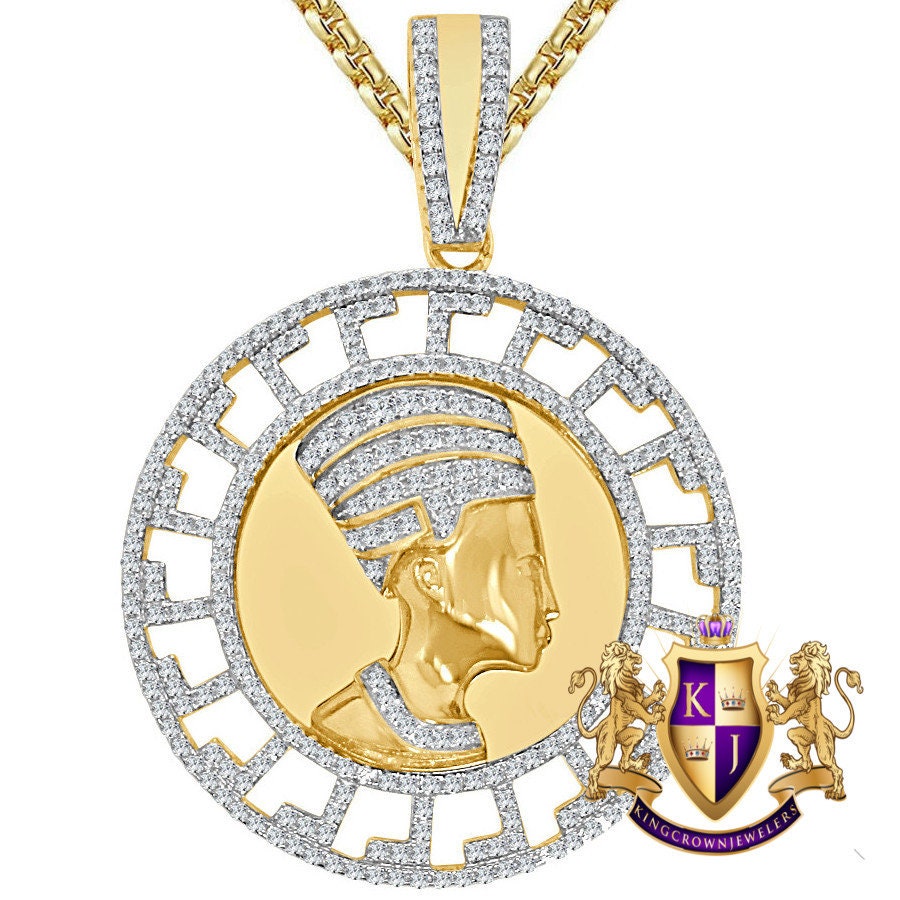 28+ Grams Real Sterling Silver 14K Gold Over 4.00 Cwt Simulated Diamond Greek Style Egyptian Queen Nefertiti Pharaoh Mummy Charm Pendant 2''