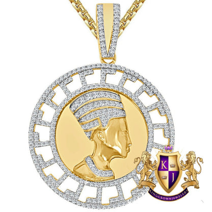 28+ Grams Real Sterling Silver 14K Gold Over 4.00 Cwt Simulated Diamond Greek Style Egyptian Queen Nefertiti Pharaoh Mummy Charm Pendant 2''