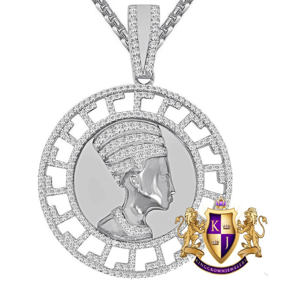 28+ Grams Real Sterling Silver 14K Gold Over 4.00 Cwt Simulated Diamond Greek Style Egyptian Queen Nefertiti Pharaoh Mummy Charm Pendant 2''