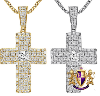 Solitaire 14k Gold Over Simulated Diamond Jesus Crist Cross Unisex Designer Charm Religious Pendent Chain Set 2.25