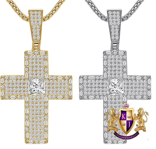 Solitaire 14k Gold Over Simulated Diamond Jesus Crist Cross Unisex Designer Charm Religious Pendent Chain Set 2.25