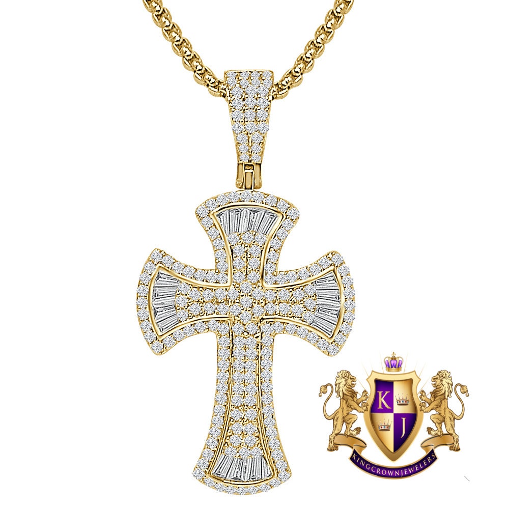 Unisex 14k Gold Over Simulated Diamond Jesus Crist Cross Charm Religious Pendent Chain Set 1.90''
