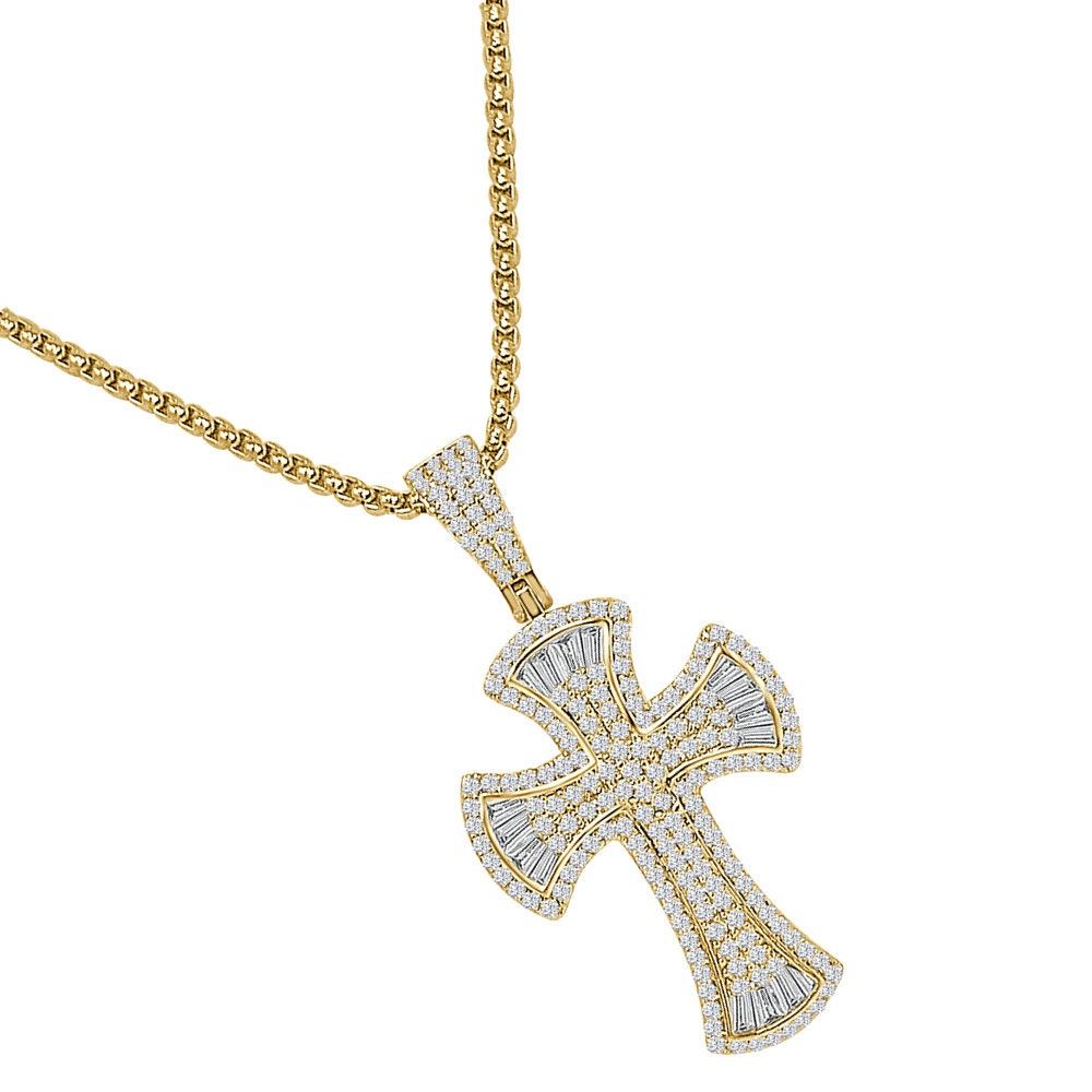 Unisex 14k Gold Over Simulated Diamond Jesus Crist Cross Charm Religious Pendent Chain Set 1.90''