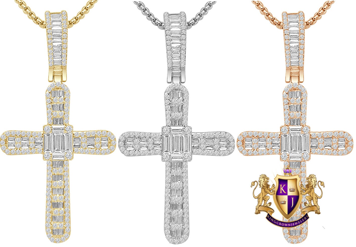 2.5'' 20 + Grams Baguette 14k Gold Over Simulated Diamond Jesus Crist Cross Unisex Charm Religious Pendent Chain Set