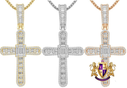 2.5'' 20 + Grams Baguette 14k Gold Over Simulated Diamond Jesus Crist Cross Unisex Charm Religious Pendent Chain Set