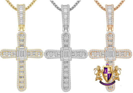 2.5'' 20 + Grams Baguette 14k Gold Over Simulated Diamond Jesus Crist Cross Unisex Charm Religious Pendent Chain Set