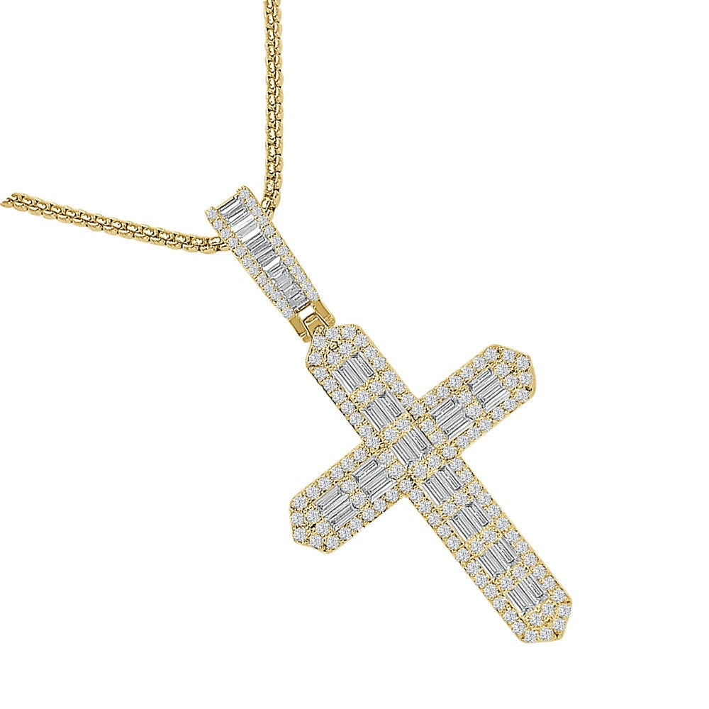 Baguette 14k Gold Over Simulated Diamond Jesus Crist Cross Unisex Charm Religious Pendent Chain Set 2.5'' 18 + Grams