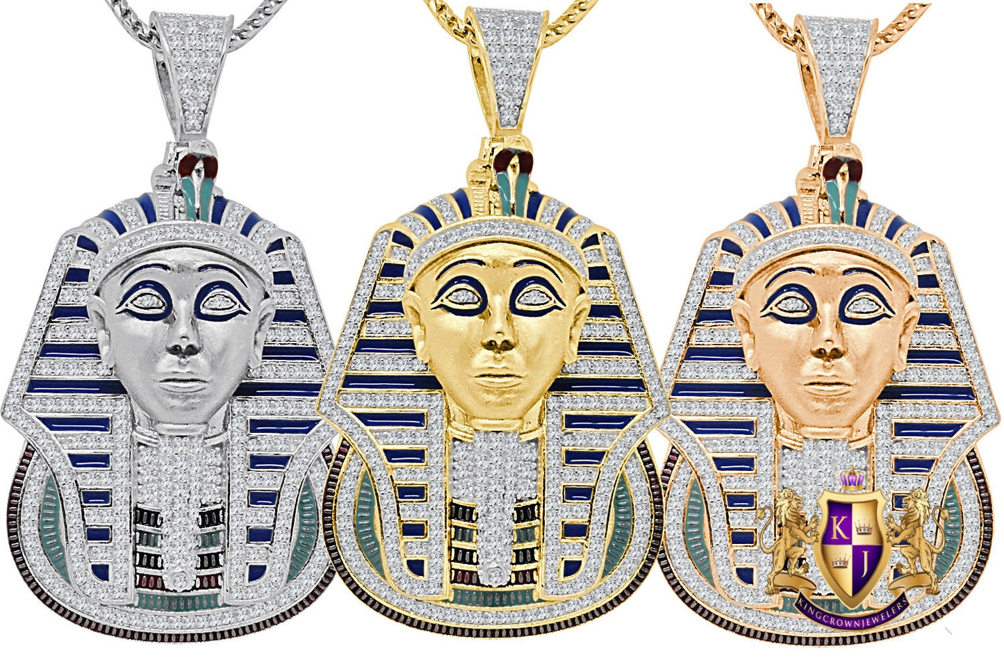 25 + Grams Real Genuine Sterling Silver 2.00 Cwt. Simulated Diamond Multi Tone 14K Gold On Egyptian Pharaoh King Tut Pendant Charm Chain Set