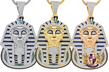 25 + Grams Real Genuine Sterling Silver 2.00 Cwt. Simulated Diamond Multi Tone 14K Gold On Egyptian Pharaoh King Tut Pendant Charm Chain Set
