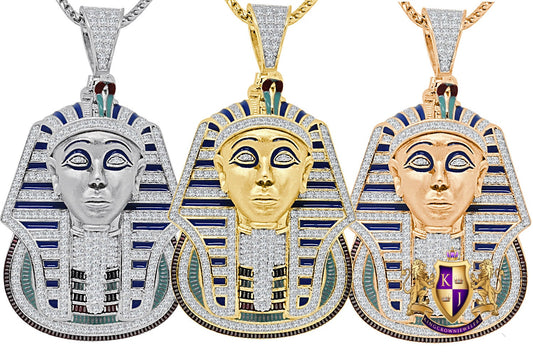 25 + Grams Real Genuine Sterling Silver 2.00 Cwt. Simulated Diamond Multi Tone 14K Gold On Egyptian Pharaoh King Tut Pendant Charm Chain Set