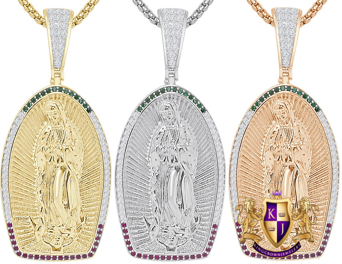 23 + Grams Big 2.35'' Real Sterling Silver 14K Gold Over Simulated Diamond Our Lady of Guadalupe Virgin Mother Mary Pendent Jesus Charm