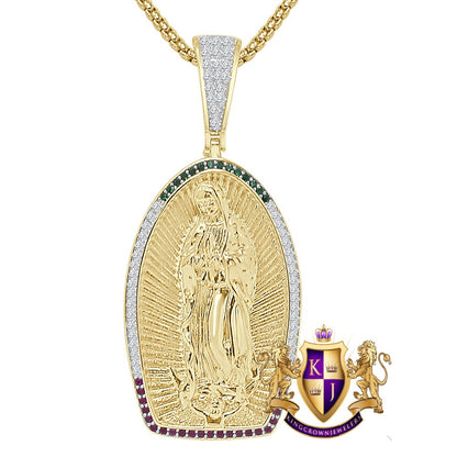 23 + Grams Big 2.35'' Real Sterling Silver 14K Gold Over Simulated Diamond Our Lady of Guadalupe Virgin Mother Mary Pendent Jesus Charm