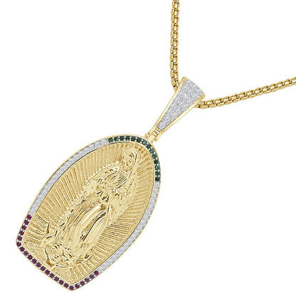 23 + Grams Big 2.35'' Real Sterling Silver 14K Gold Over Simulated Diamond Our Lady of Guadalupe Virgin Mother Mary Pendent Jesus Charm