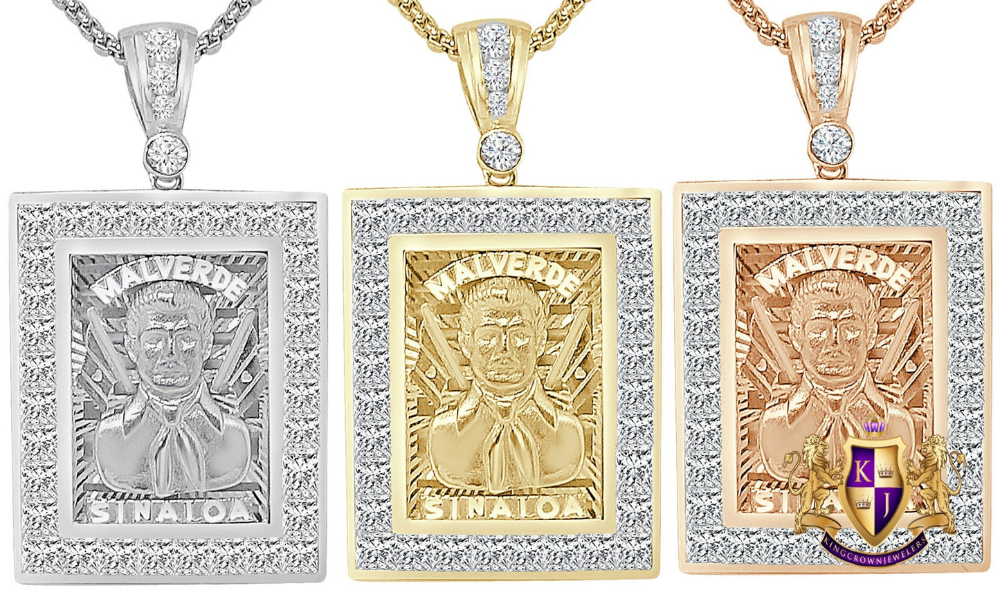 23+ Grams Real Sterling Silver 14K Gold Over Diamond Jesús Malverde Sinaloa Narco-Saint Protección Medalla Frame Charm Pendent 2.15'' +Chain