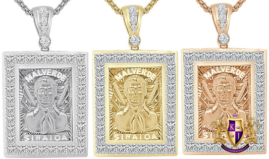 23+ Grams Real Sterling Silver 14K Gold Over Diamond Jesús Malverde Sinaloa Narco-Saint Protección Medalla Frame Charm Pendent 2.15'' +Chain