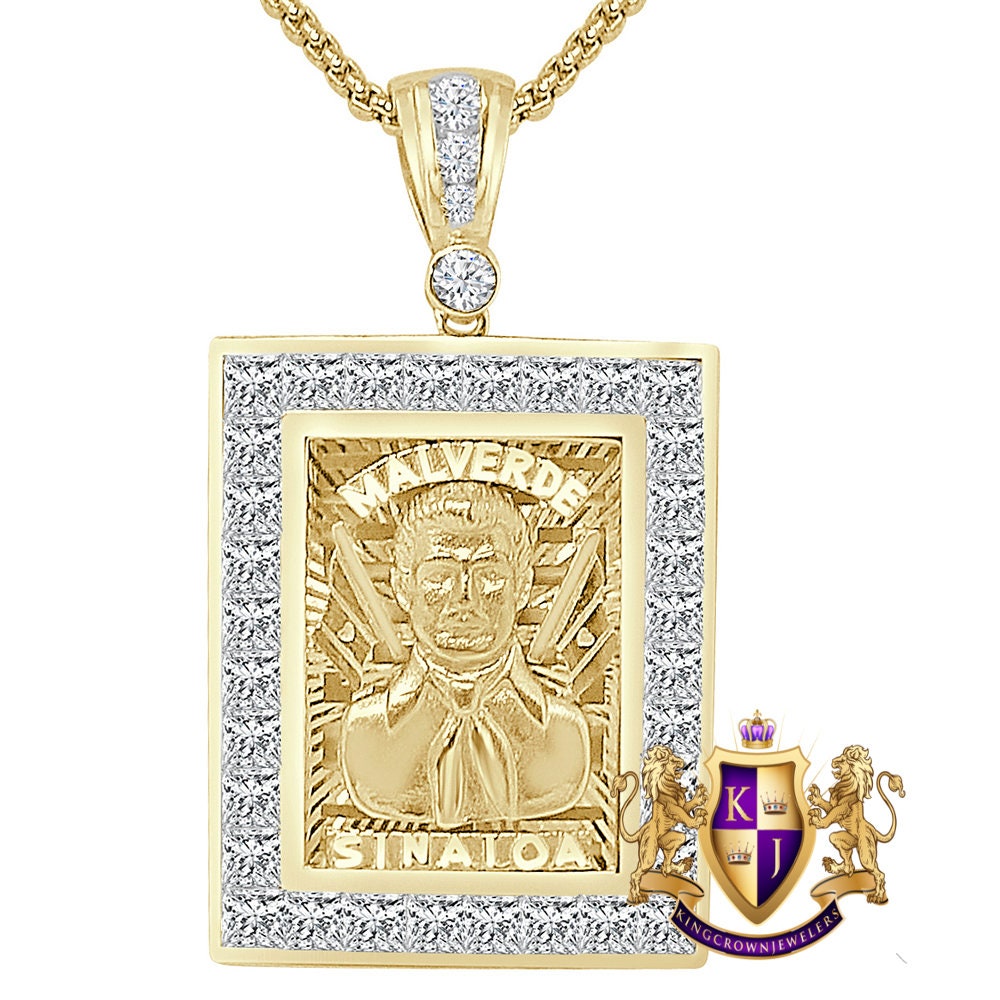 23+ Grams Real Sterling Silver 14K Gold Over Diamond Jesús Malverde Sinaloa Narco-Saint Protección Medalla Frame Charm Pendent 2.15'' +Chain