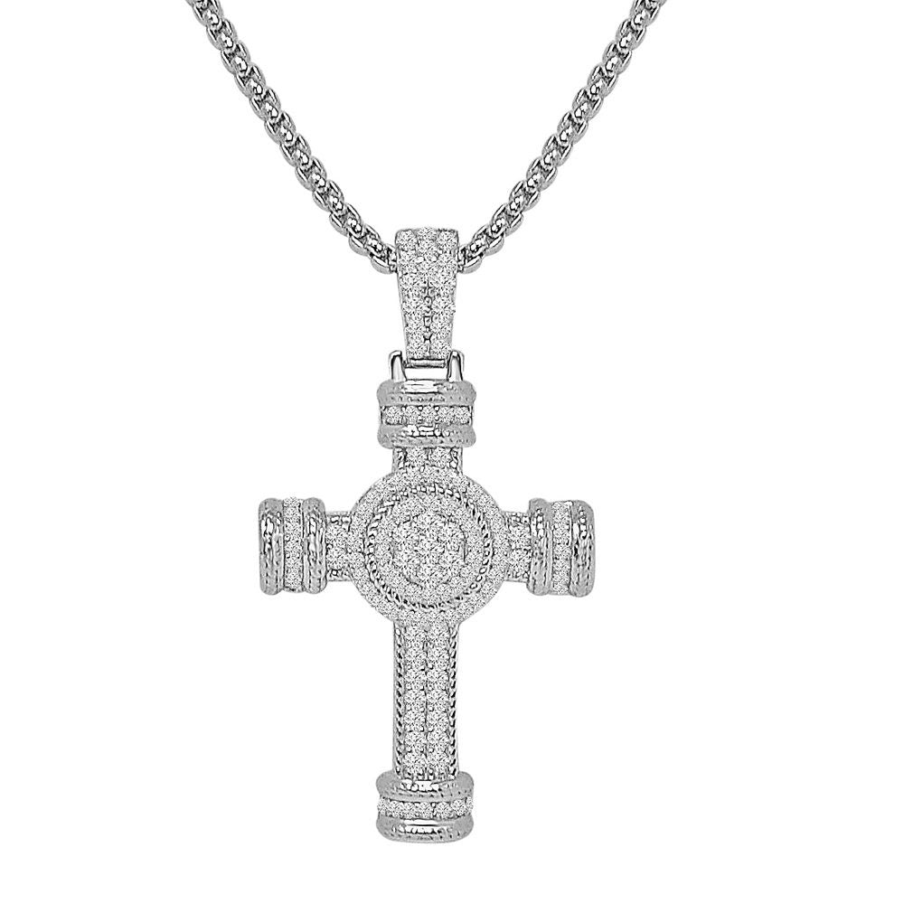 1.75'' Real Genuine Sterling Silver 1.50 Cwt. Simulated Diamond Holy Jesus Cross Charm Pendent Chain Set 13 + Grams