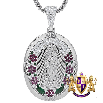 18 + Grams 1.80'' Real Sterling Silver 14K Gold Over Simulated Diamond Our Lady of Guadalupe Virgin Mother Mary Pendent Jesus Charm Chain