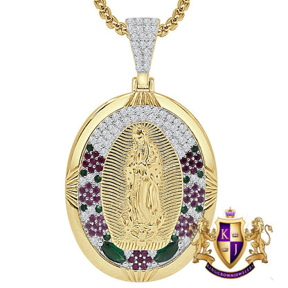 18 + Grams 1.80'' Real Sterling Silver 14K Gold Over Simulated Diamond Our Lady of Guadalupe Virgin Mother Mary Pendent Jesus Charm Chain