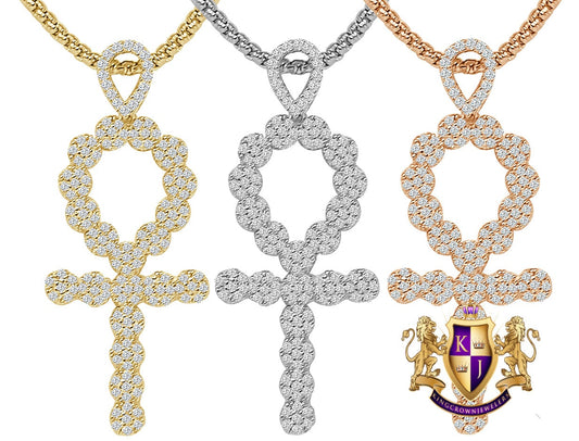 Real Genuine Sterling Silver Simulated Diamond 14K Gold Over Flower Cluster Egyptian Ankh Cross Unisex Charm Pendant Chain Neckless Set 2''
