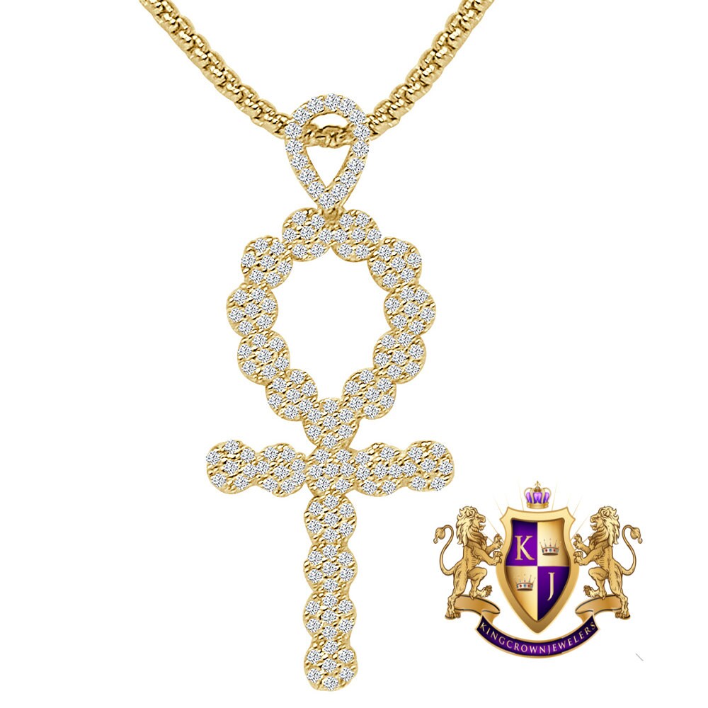 Real Genuine Sterling Silver Simulated Diamond 14K Gold Over Flower Cluster Egyptian Ankh Cross Unisex Charm Pendant Chain Neckless Set 2''