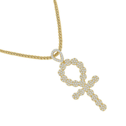 Real Genuine Sterling Silver Simulated Diamond 14K Gold Over Flower Cluster Egyptian Ankh Cross Unisex Charm Pendant Chain Neckless Set 2''