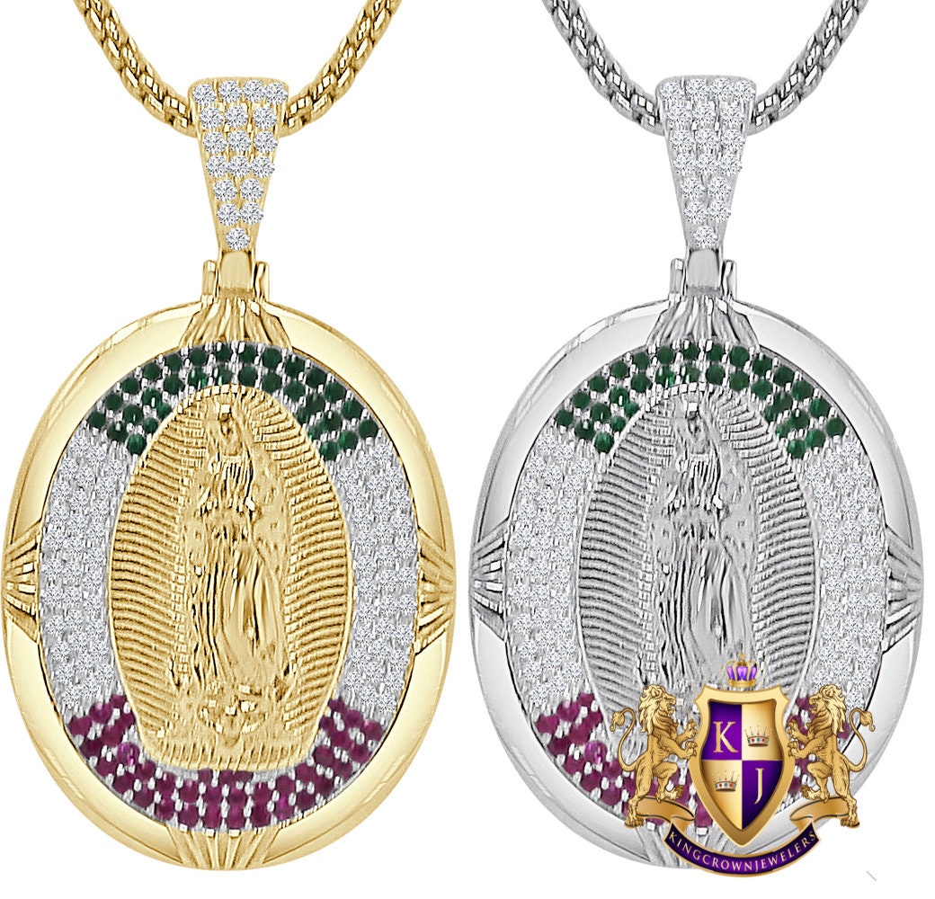 Real Sterling Silver 14K Gold Over Simulated Diamond Our Lady of Guadalupe Virgin Mother Mary Pendent Jesus Charm Chain 18 + Grams 1.80''