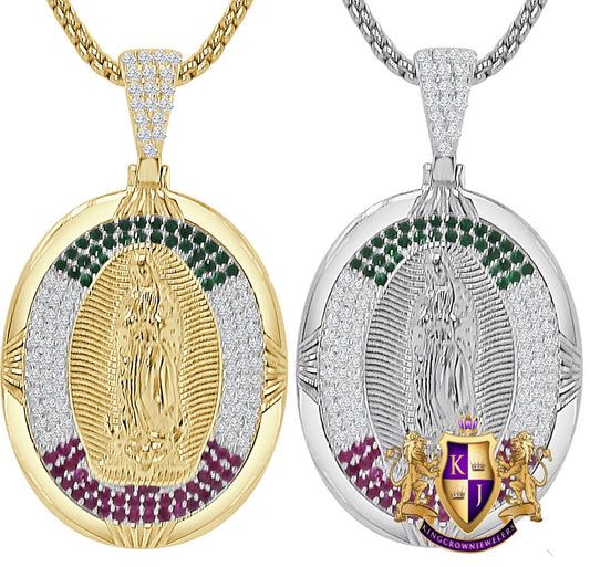 Real Sterling Silver 14K Gold Over Simulated Diamond Our Lady of Guadalupe Virgin Mother Mary Pendent Jesus Charm Chain 18 + Grams 1.80''