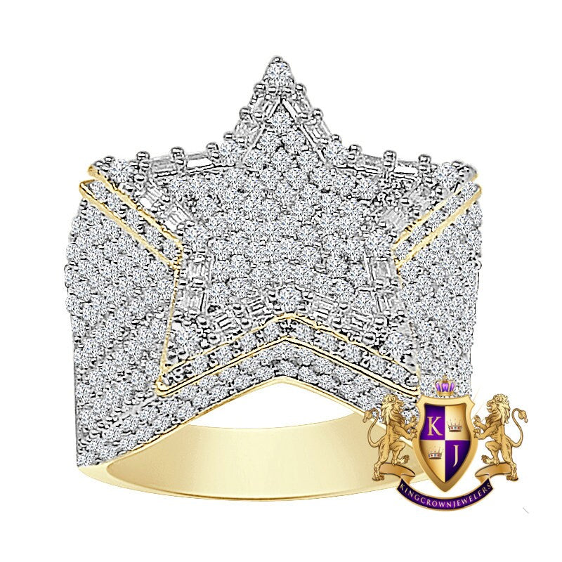 Men's Big Bold 22mm 14K Yellow Gold Over Baguette/Round Cut Simulated Diamond Star Shape Ring Band 13 + Grams