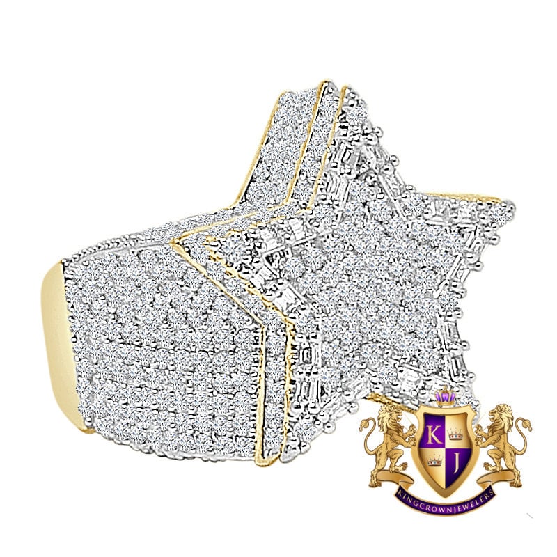 Men's Big Bold 22mm 14K Yellow Gold Over Baguette/Round Cut Simulated Diamond Star Shape Ring Band 13 + Grams