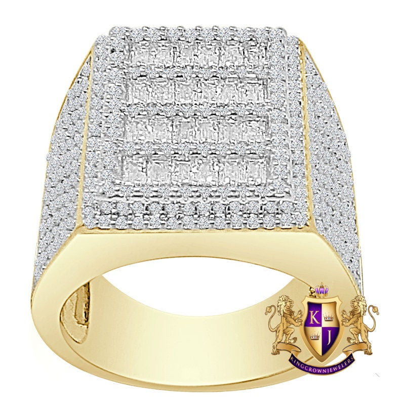 Big Bold 14K Yellow Gold Over Baguette/Round Cut Simulated Diamond Cube Shape XL Ring Band 14 + Grams