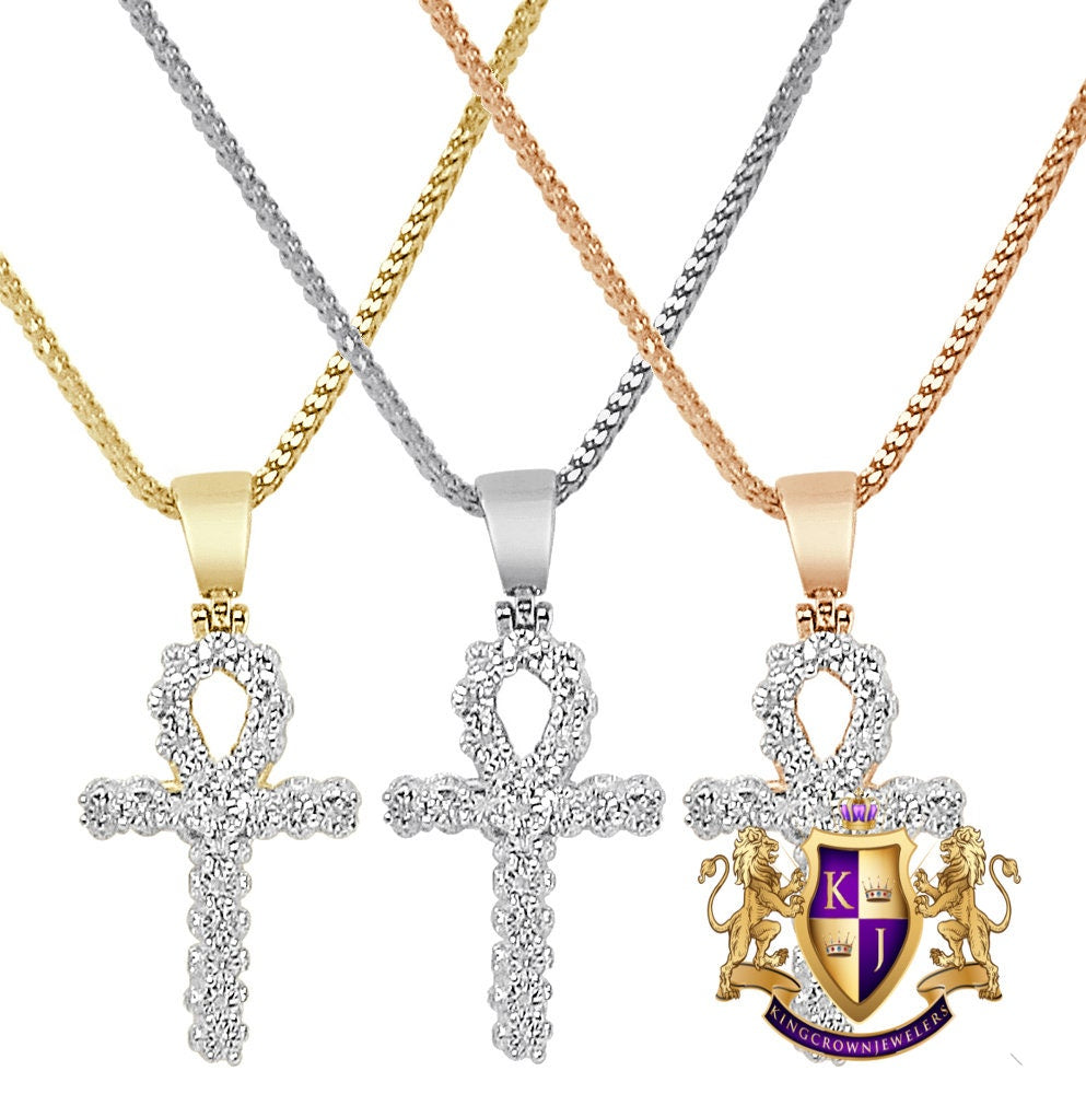 Real Genuine Diamond 0.30 Cwt. Egyptian Ankh Cross Mini Small 1.25" Charm 10K Gold Over Unisex Pendent Chain Set