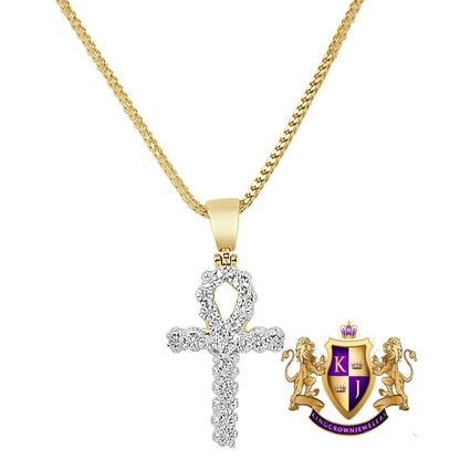Real Genuine Diamond 0.30 Cwt. Egyptian Ankh Cross Mini Small 1.25" Charm 10K Gold Over Unisex Pendent Chain Set