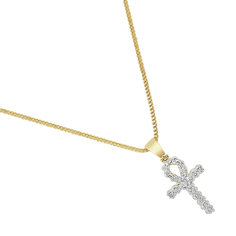 Real Genuine Diamond 0.30 Cwt. Egyptian Ankh Cross Mini Small 1.25" Charm 10K Gold Over Unisex Pendent Chain Set