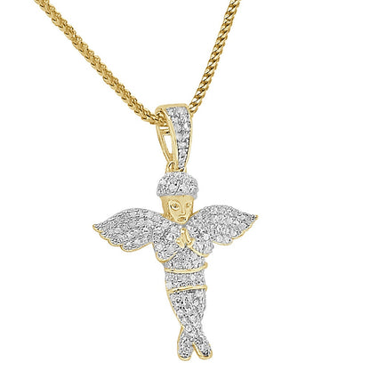 Real Authentic Diamond Flying Wing Praying Hand Holy Baby Angel Mini Small 1.30" Religious Charm 10K Gold Over Unisex Pendent Chain Set