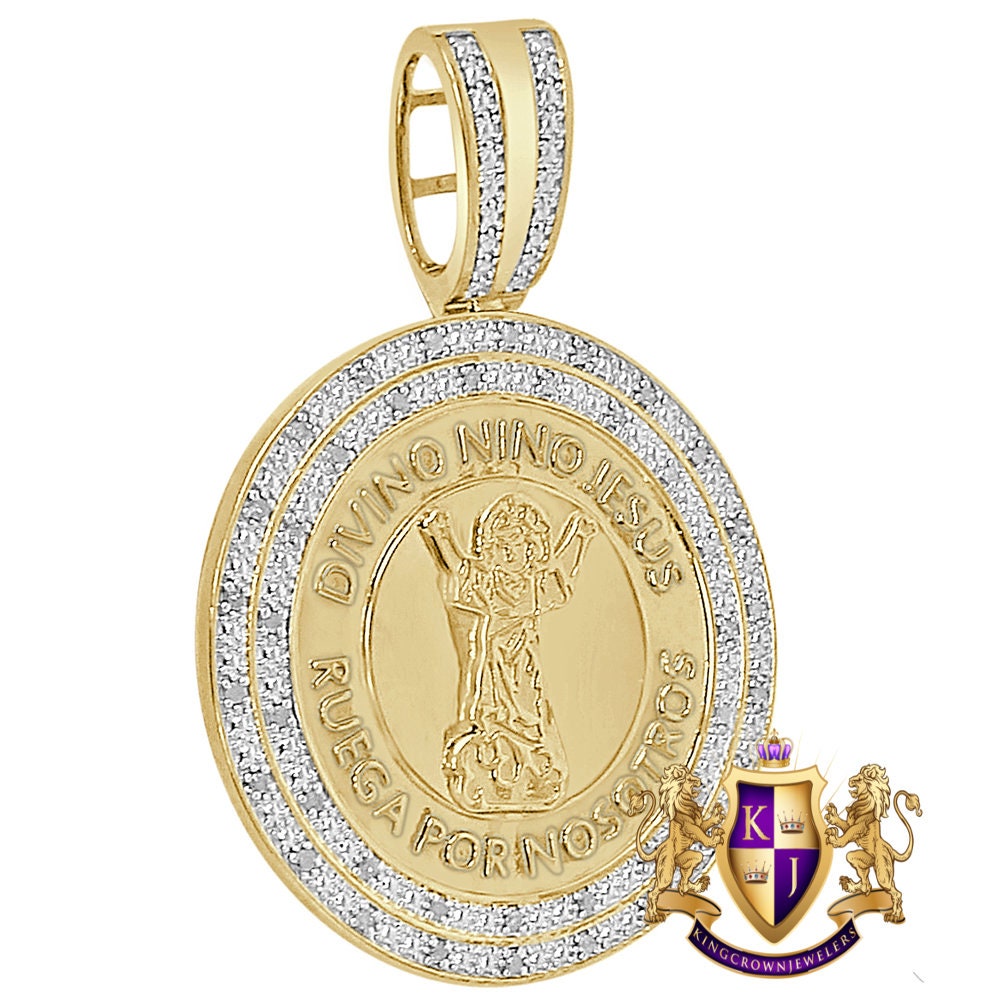 Real Genuine Diamond Santo Nino De Atocha Jesús Religious Round Medallion Pendent 10K Gold Over Charm 2.25''