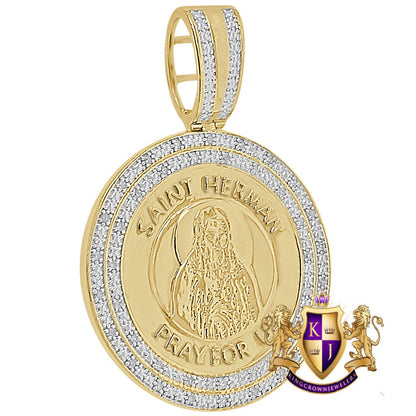 Real Genuine Authentic Diamond Saint Herman Religious Round Medallion Pendent 10K Gold Over Unisex Charm 2.25''
