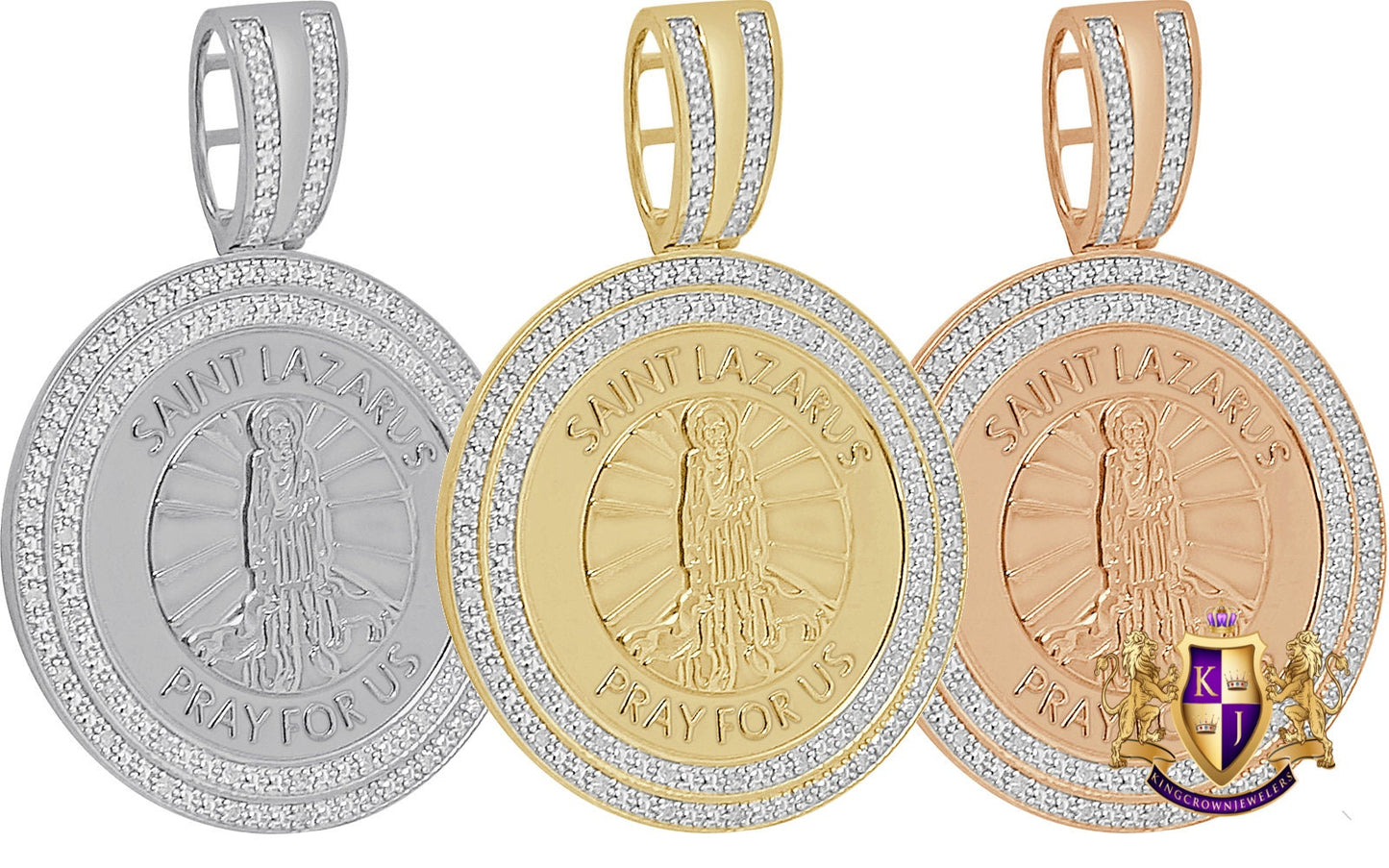 Genuine Real Authentic Natural Diamond 0.40 Cwt. Saint Lazarus Round Religious Medallion Pendant 10K Gold Over Jesus Unisex Charm 2.25''