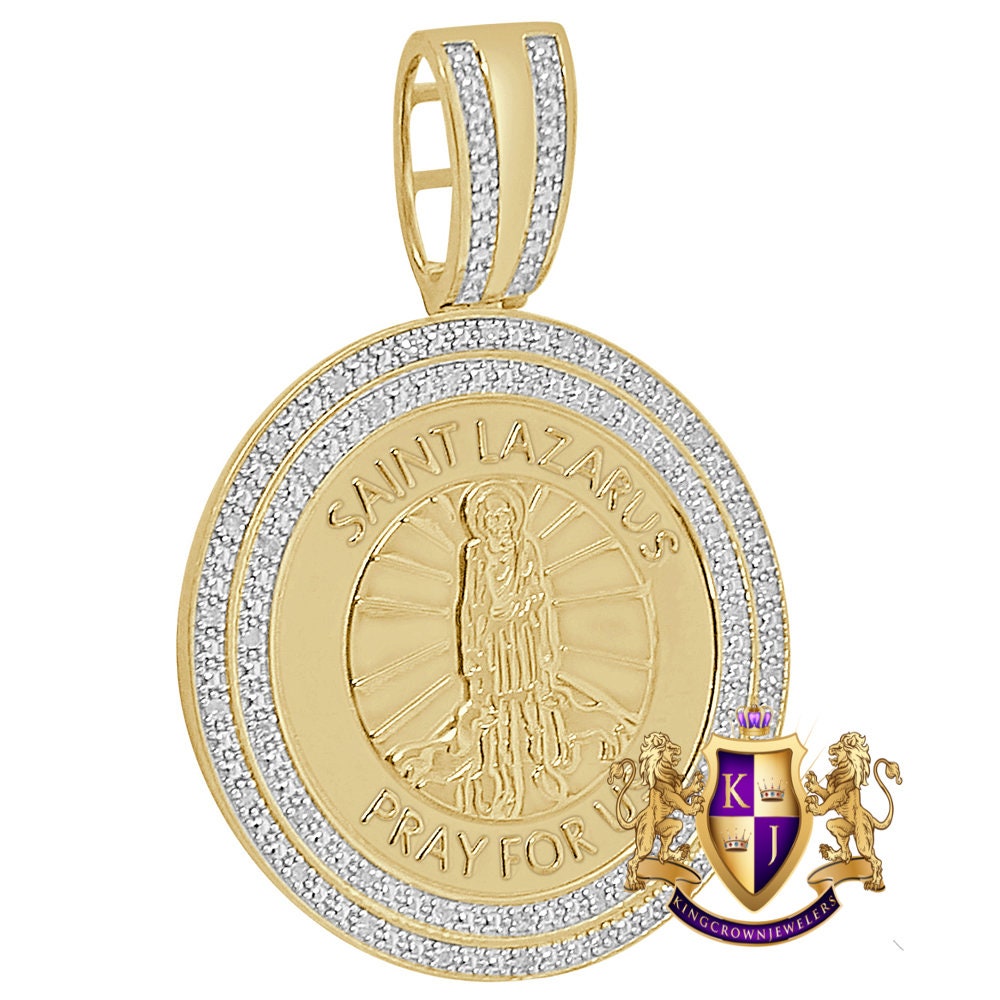 Genuine Real Authentic Natural Diamond 0.40 Cwt. Saint Lazarus Round Religious Medallion Pendant 10K Gold Over Jesus Unisex Charm 2.25''