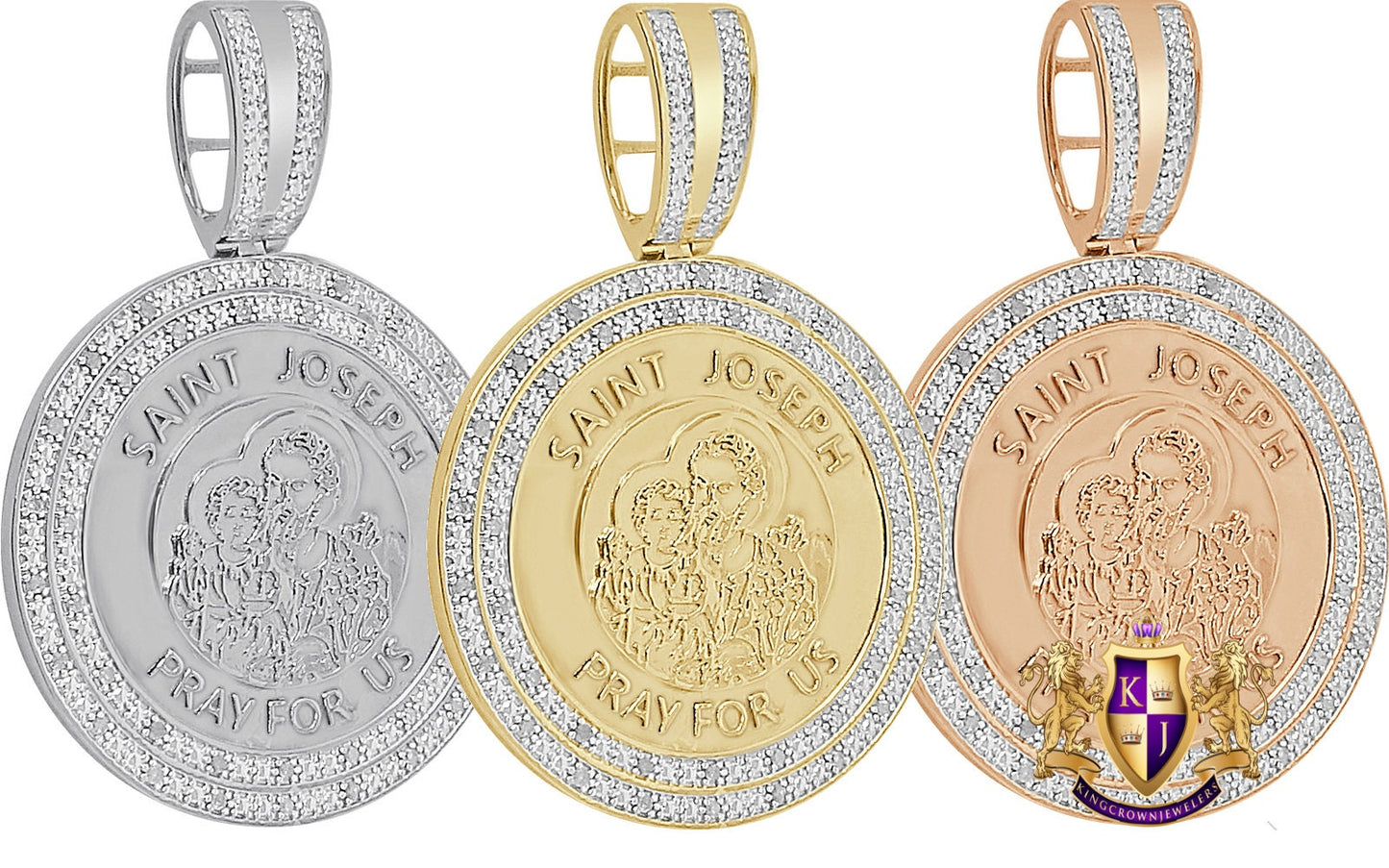 Real Genuine Authentic Diamond Saint Joseph Round Religious Medallion Pendent 10K Gold Charm Unisex 2.25''