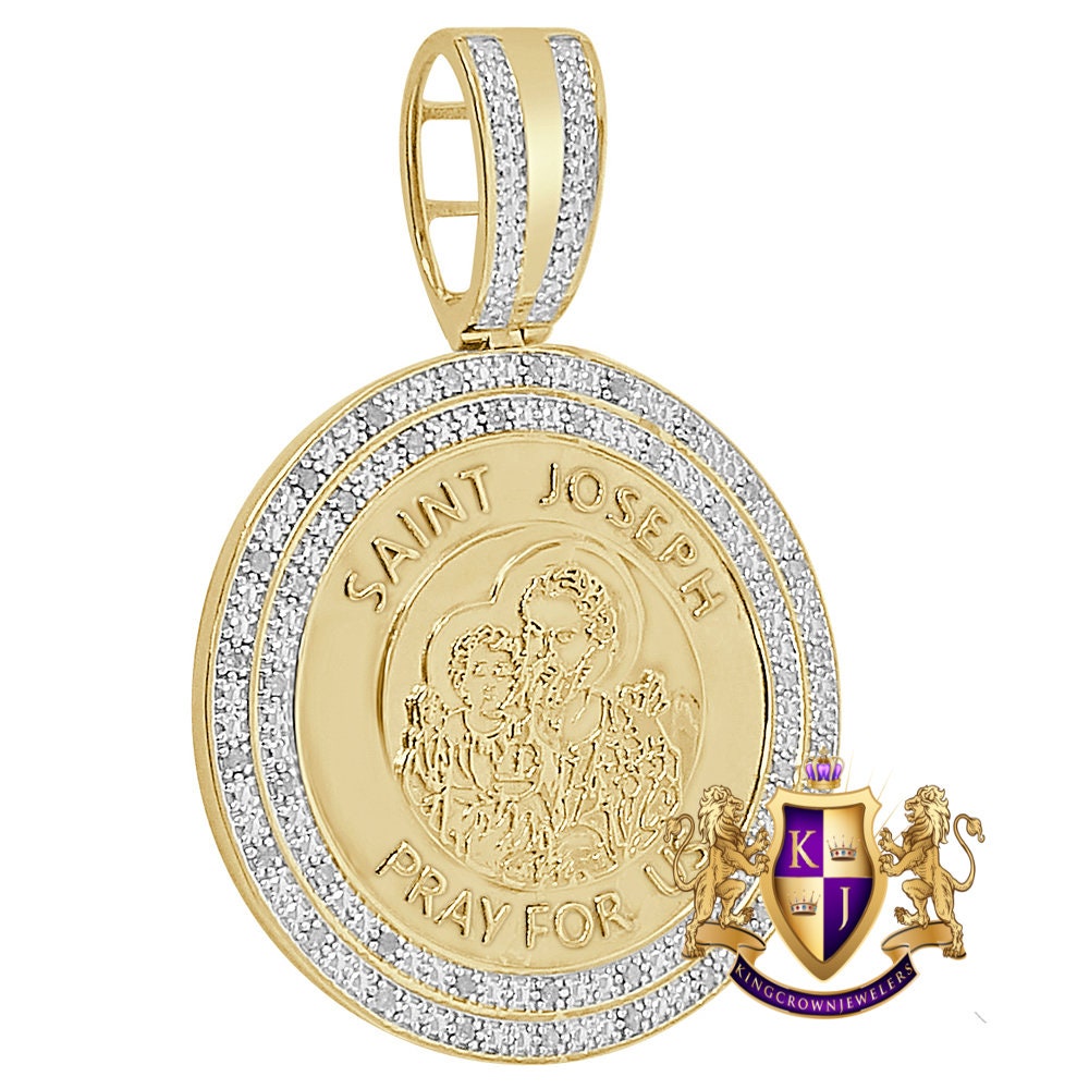 Real Genuine Authentic Diamond Saint Joseph Round Religious Medallion Pendent 10K Gold Charm Unisex 2.25''