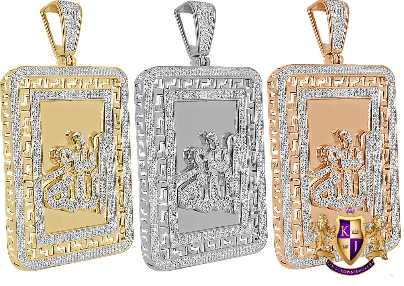 Real Genuine Authentic Diamond 28+ Grams Allah God Muslim Arabic Islamic Greek Frame Style Pendent 10K Solid Gold Finish Charm Big 2.75''