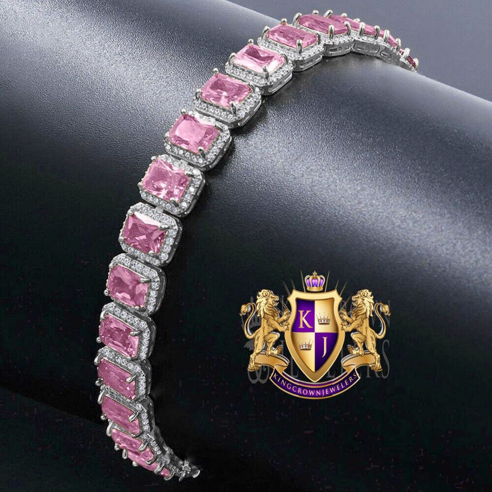 14K White Gold Finish Pink Tourmaline Simulated Diamonds Solitaire Mens Ladies Bracelet 10mm / 8.5 Inch