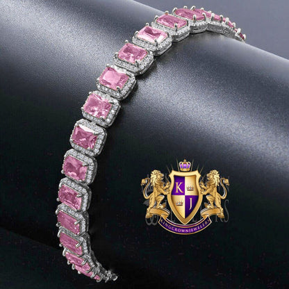 14K White Gold Finish Pink Tourmaline Simulated Diamonds Solitaire Mens Ladies Bracelet 10mm / 8.5 Inch
