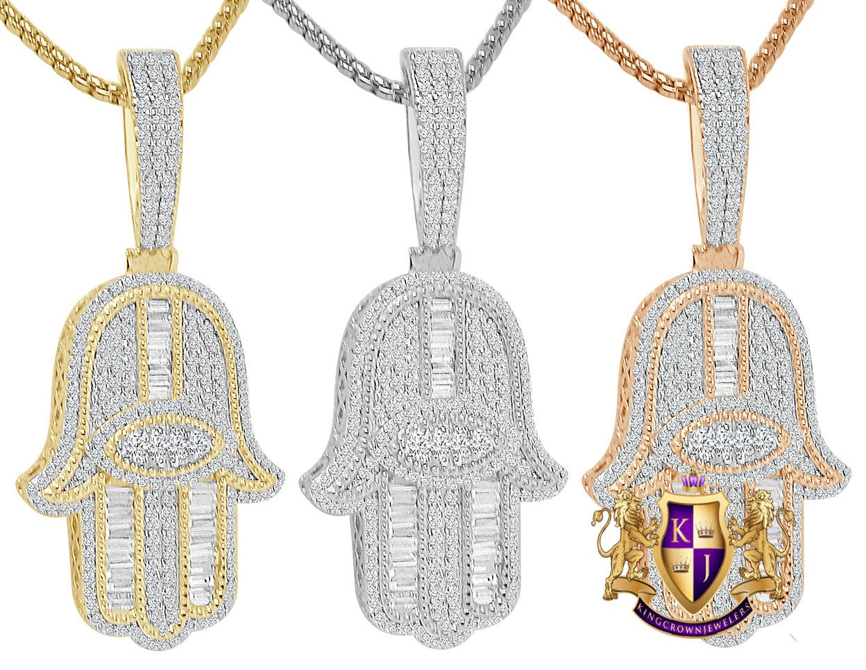 Baguette Real Genuine Sterling Silver 14K Gold Over Simulated Diamond Hamsa Hand Evil Eye Pendent 2'' Charm + Free Chain